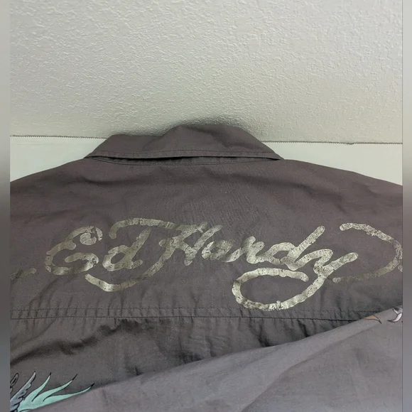 Vtg Ed Hardy Christian Audigier Floral Skull Kiss Of Death Men’s XL Grey - Picture 12 of 16